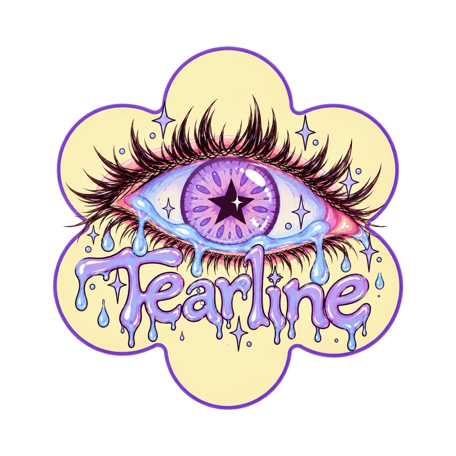 Tearline — an illustrated crying eye with a star pupil above dripping lilac letters